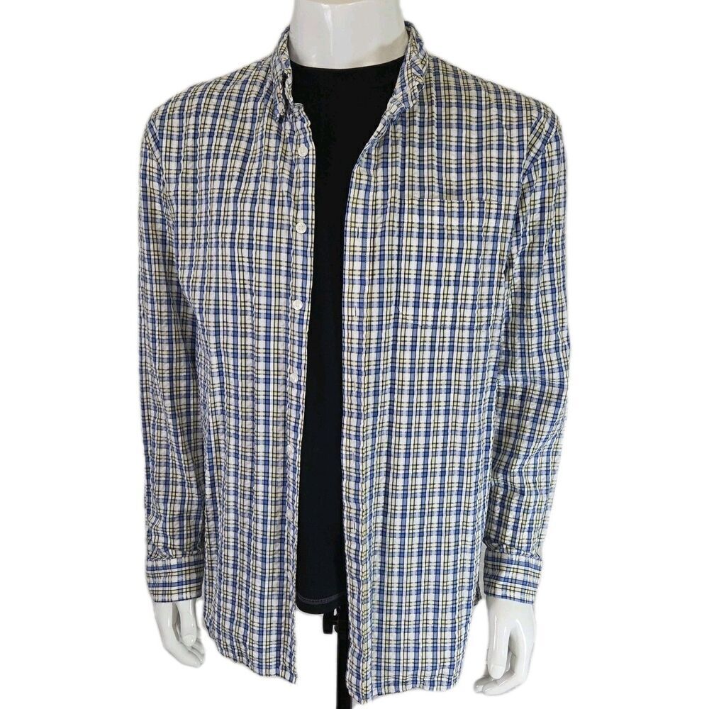 LL Bean Seersucker Textured Shirt Blue Yellow Plaid Button Down Men's LT
